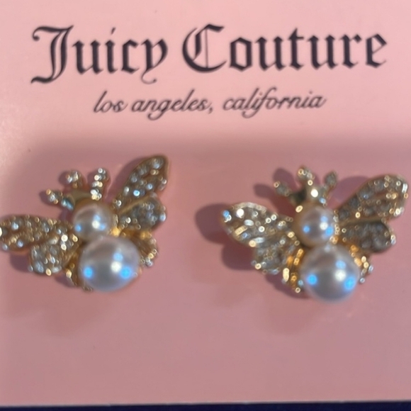 Juicy Couture Goldtone White Pearl Bead Butterfly Button Stud Earrings NWT - Picture 2 of 4